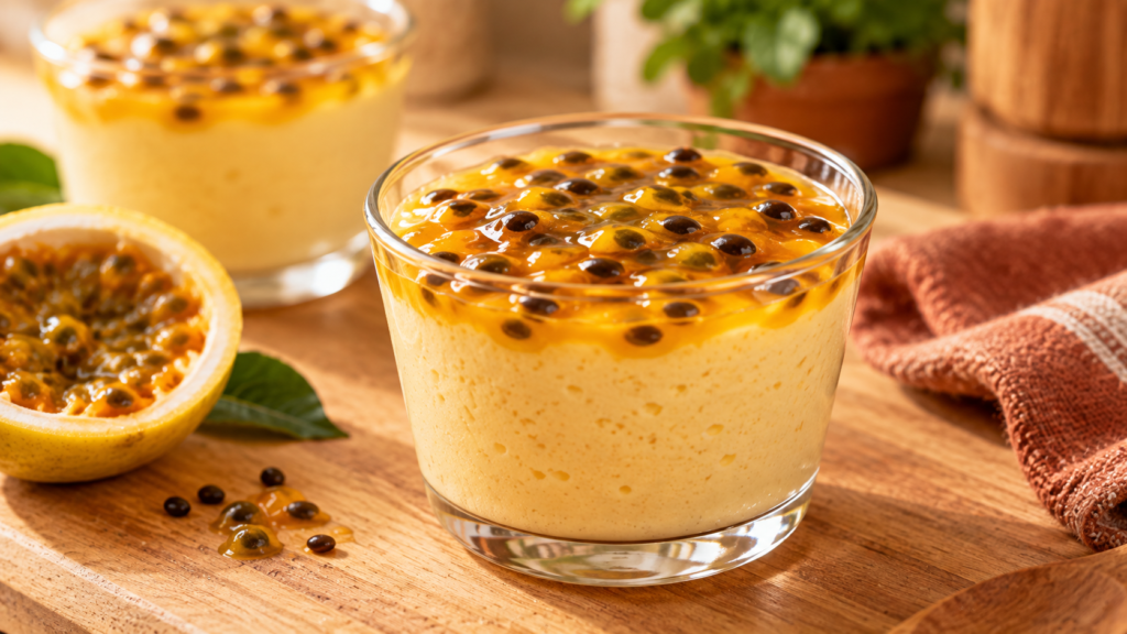 Mousse de maracujá em pote individual para acompanhar combo de marmita.