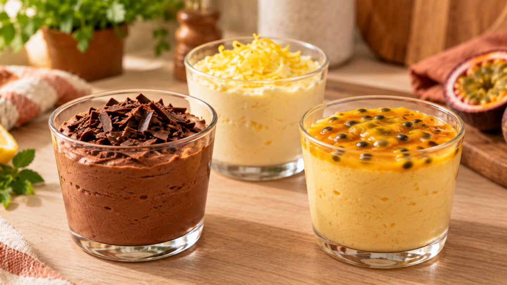 Mousses individuais de chocolate, limão e maracujá para acompanhar combo de marmita.