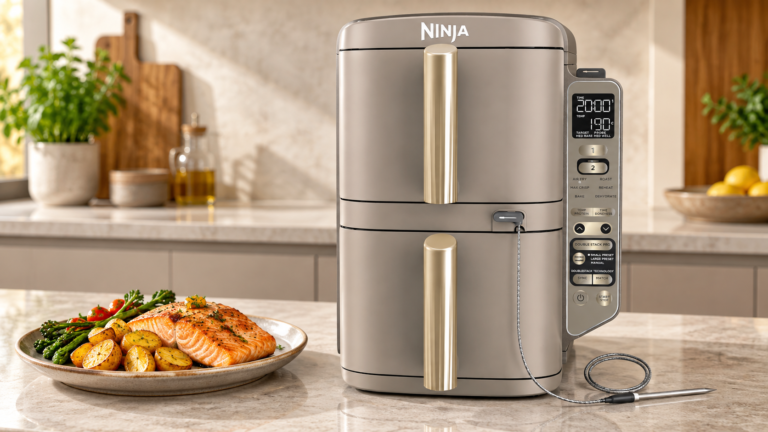 Ninja Double Stack XL SL451EUSD em pedra e dourado, com duas gavetas verticais e sonda digital de cozedura