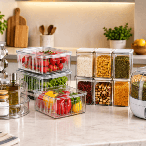 Organizadores de cozinha com potes, porta-temperos, organizadores giratórios e dispenser para mantimentos.