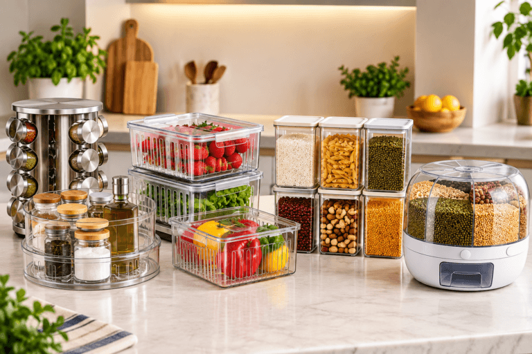 Organizadores de cozinha com potes, porta-temperos, organizadores giratórios e dispenser para mantimentos.