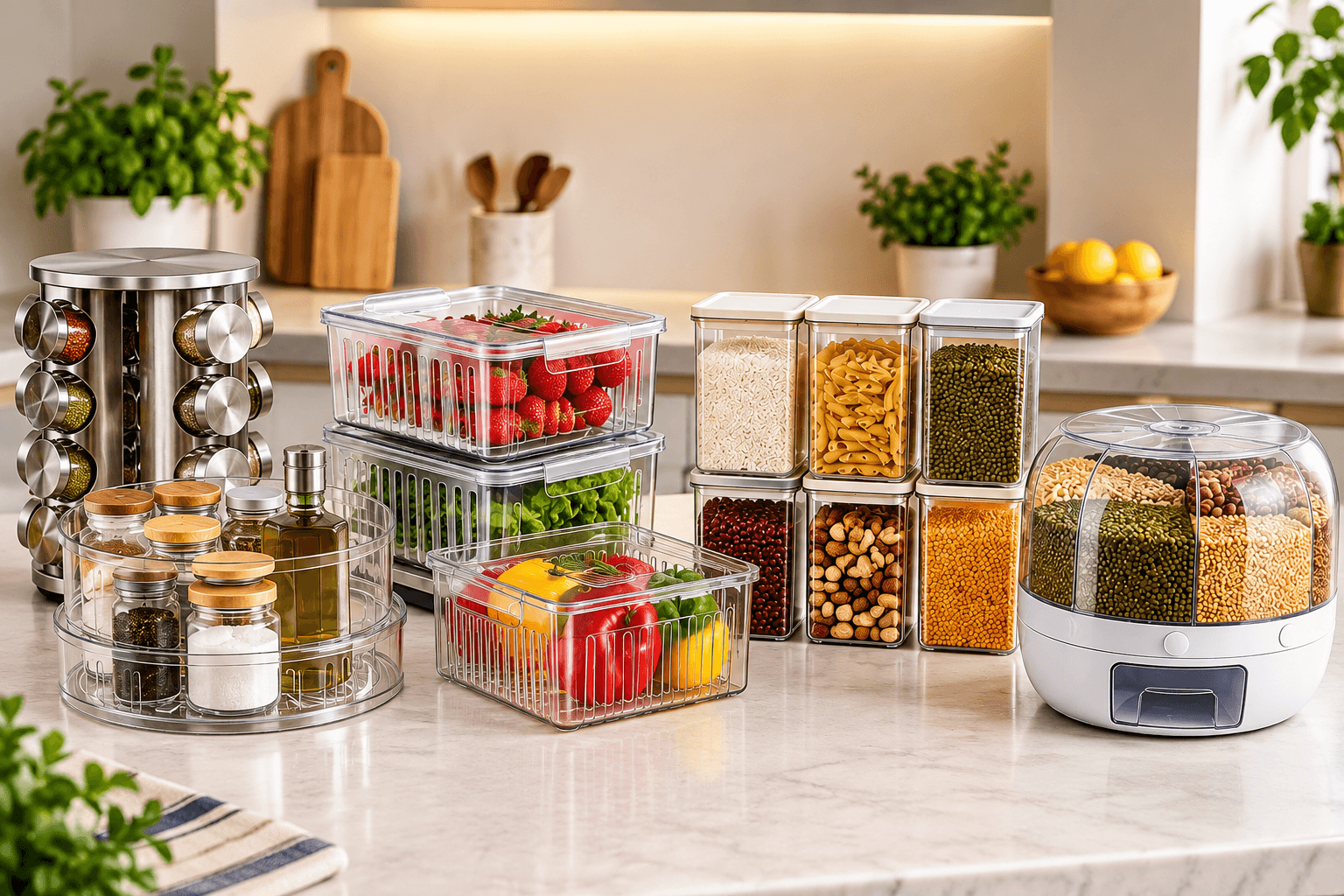 Organizadores de cozinha com potes, porta-temperos, organizadores giratórios e dispenser para mantimentos.