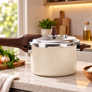 Panela de Pressão Brinox Pressure 4,2L Baunilha com acabamento claro e alças marrons ambientada em cozinha moderna.