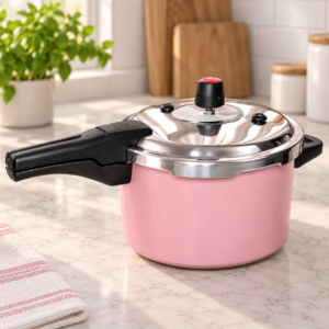 Panela de pressão rosa 5L com fechamento externo sobre bancada de cozinha