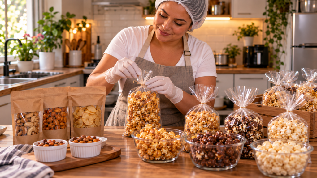 Mulher em cozinha organizada embalando pipoca gourmet e snacks para venda, com saquinhos prontos e potes de petiscos sobre a bancada.