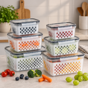 Potes organizadores de geladeira com cestos removíveis para frutas e legumes