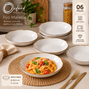 Pratos fundos Oxford Ryo Maresia em porcelana conjunto com 6 peças