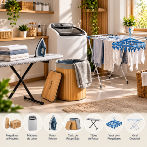 Produtos para lavanderia com máquina de lavar, ferro, cesto de roupas, tábua de passar, pregadores e varais.