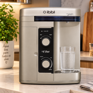 Purificador de água IBBL E-Due prata bivolt sobre bancada de cozinha com copo de água