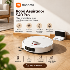 Robô aspirador Xiaomi S40 Pro branco com base de carregamento em ambiente residencial moderno