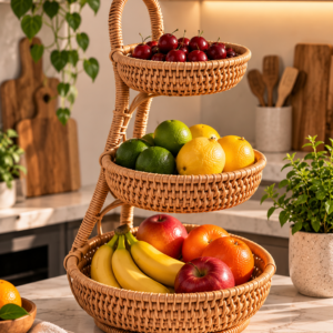 Cesto fruteira em vime trançado de três andares com frutas frescas sobre a bancada da cozinha