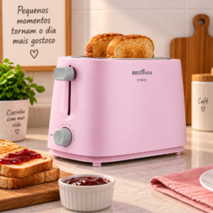 Torradeira Britânia BTR04RS rosa 750W com 6 níveis de tostagem sobre bancada de cozinha