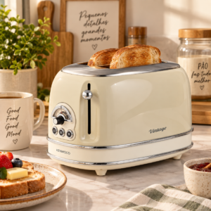 Torradeira Vintage Ariete 0155CR bege para duas fatias em bancada de cozinha