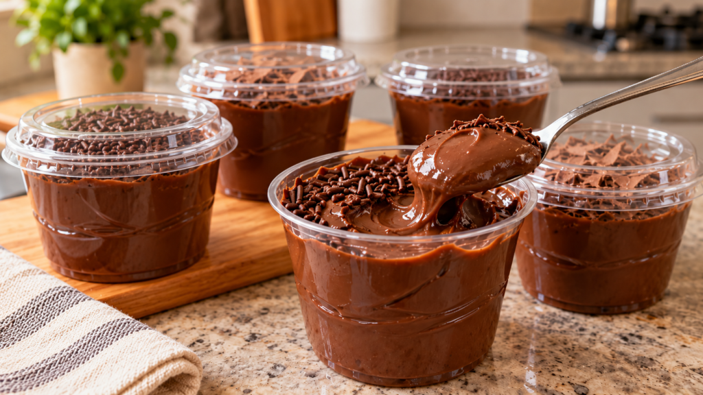 Brigadeiro no copo para vender com textura cremosa, servido em copos transparentes com tampa e cobertura de chocolate.