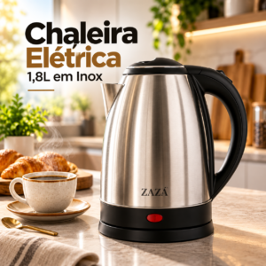 Chaleira elétrica inox 1,8L sobre bancada de cozinha, ideal para aquecer água para café e chá