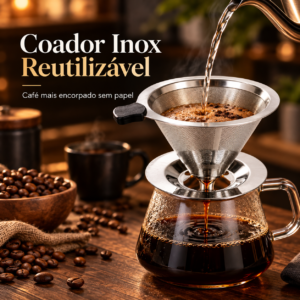Coador inox reutilizável 103 premium para café em ambiente aconchegante de cozinha