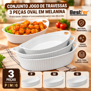 Conjunto 3 Travessas Ovais Bestfer em Melamina brancas sobre bancada de cozinha