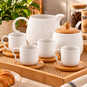 Conjunto para Café de Cerâmica branco com detalhes em bambu sobre bandeja