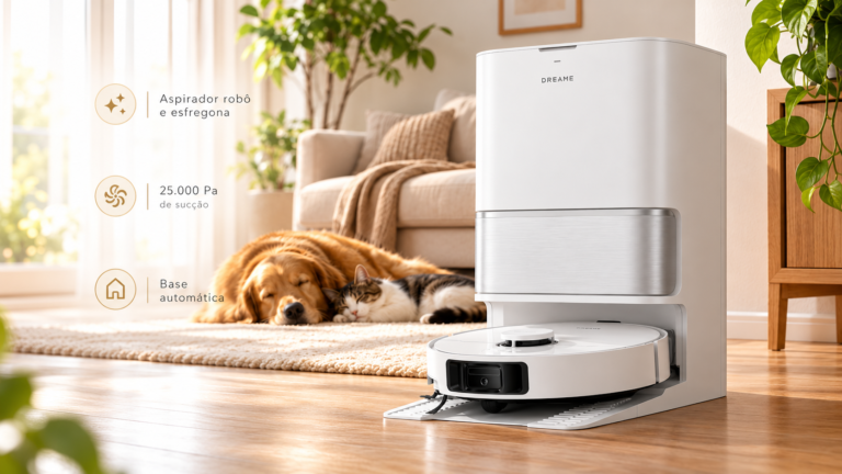 Dreame L10s Ultra Gen 3 Kit com estação automática numa sala de estar, com cão e gato a descansar ao fundo.