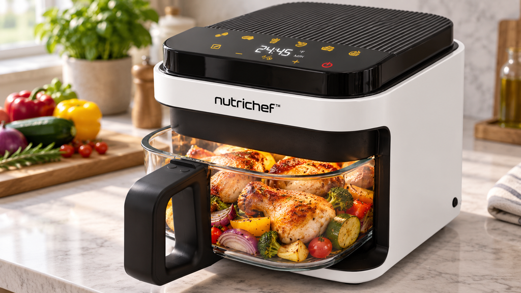 Fritadeira de ar NutriChef 5,5 litros com recipiente transparente, frango assado e legumes numa cozinha moderna.