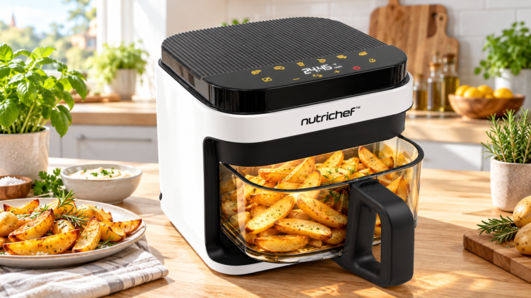 Fritadeira de ar NutriChef 5,5 litros com recipiente transparente, batatas douradas e painel digital numa cozinha moderna.
