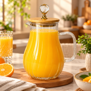 Jarra de Vidro Luxo 1,8L com tampa de bambu servindo suco de laranja em cozinha clara