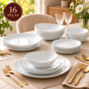 Jogo de Jantar 16 Peças Branco com pratos e bowls sobre mesa posta elegante