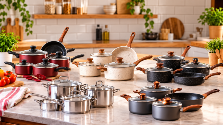 Jogo de panelas com modelos em inox, cerâmica e antiaderente organizados sobre bancada de cozinha
