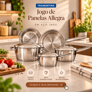 Jogo de Panelas Tramontina Allegra com 5 peças em aço inox sobre bancada de cozinha