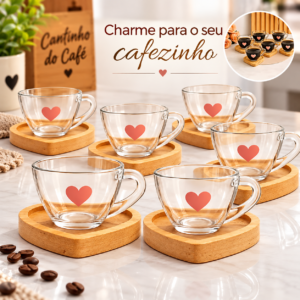 Jogo de Xícaras com Pires de Madeira com detalhe de coração em cantinho do café