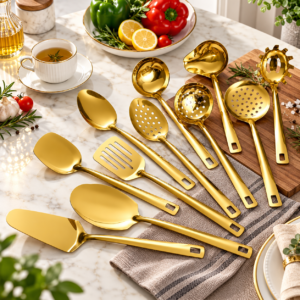 Kit Faqueiro Dourado Luxo 11 Peças Inox em ambiente de cozinha elegante e sofisticado.