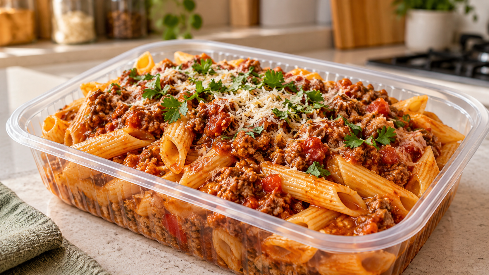 Marmita de macarrão à bolonhesa para vender com carne moída e molho de tomate encorpado.