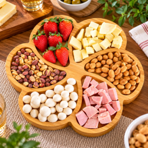 Petisqueira de Bambu com 6 Divisórias servindo frutas, queijos, castanhas e frios sobre mesa de madeira